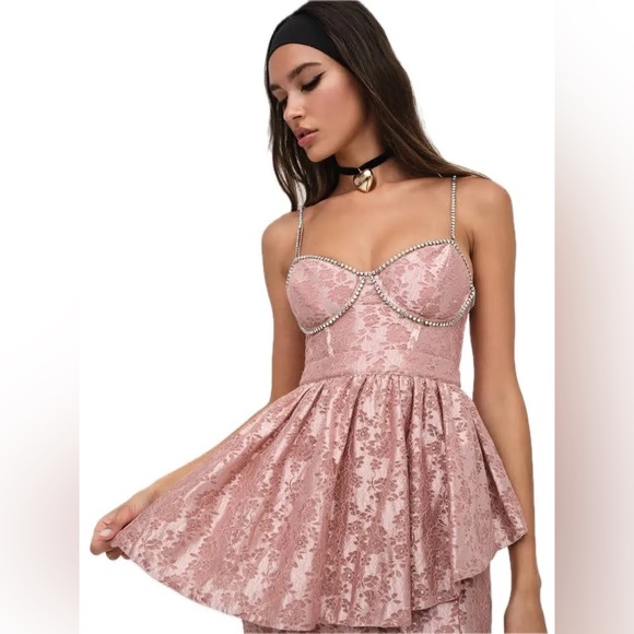 For Love & Lemons Metallic Dusty Rose Lace “Shai Maxi Dress” Rhinestone Details - Picture 2 of 4